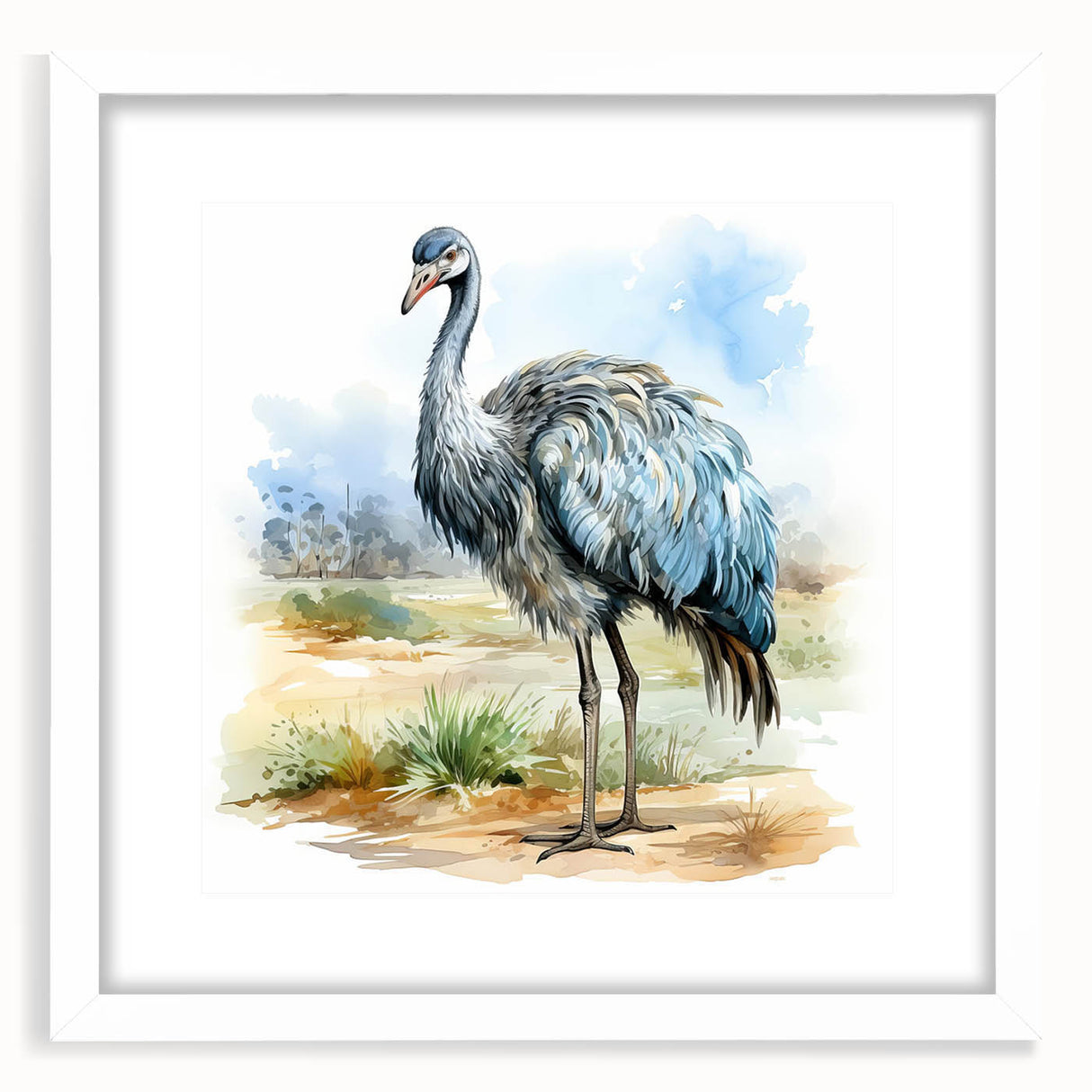 Ostrich-themed wall art collection in a white frame with mat, showcasing vibrant colors and intricate bird designs, perfect for modern home decor.