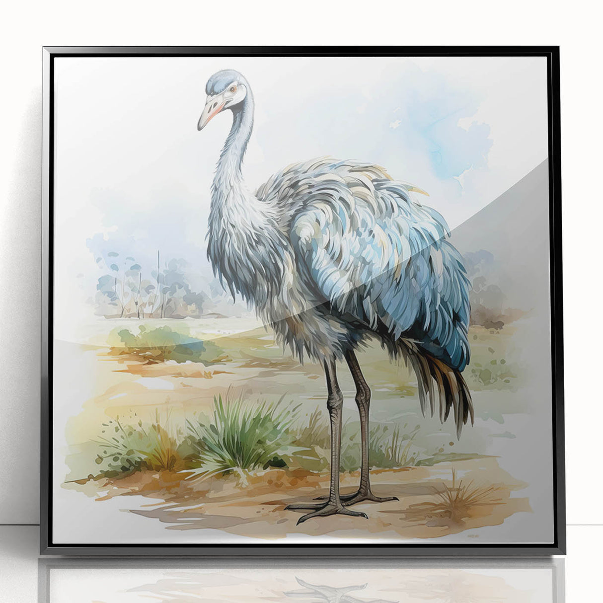 Framed acrylic wall art featuring an intricate ostrich design in vibrant colors, set against a sleek black frame, ideal for modern home decor.