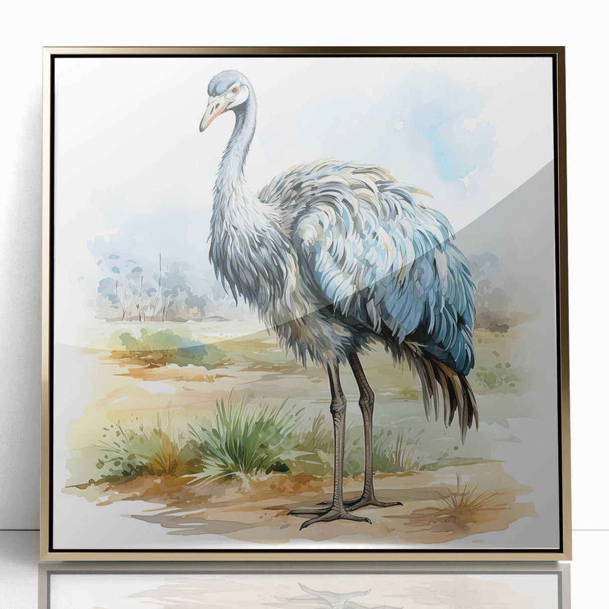 Framed wall art featuring a stunning ostrich design, elegantly showcased with a gold-acrylic front, perfect for adding a touch of nature-inspired decor to any room.
