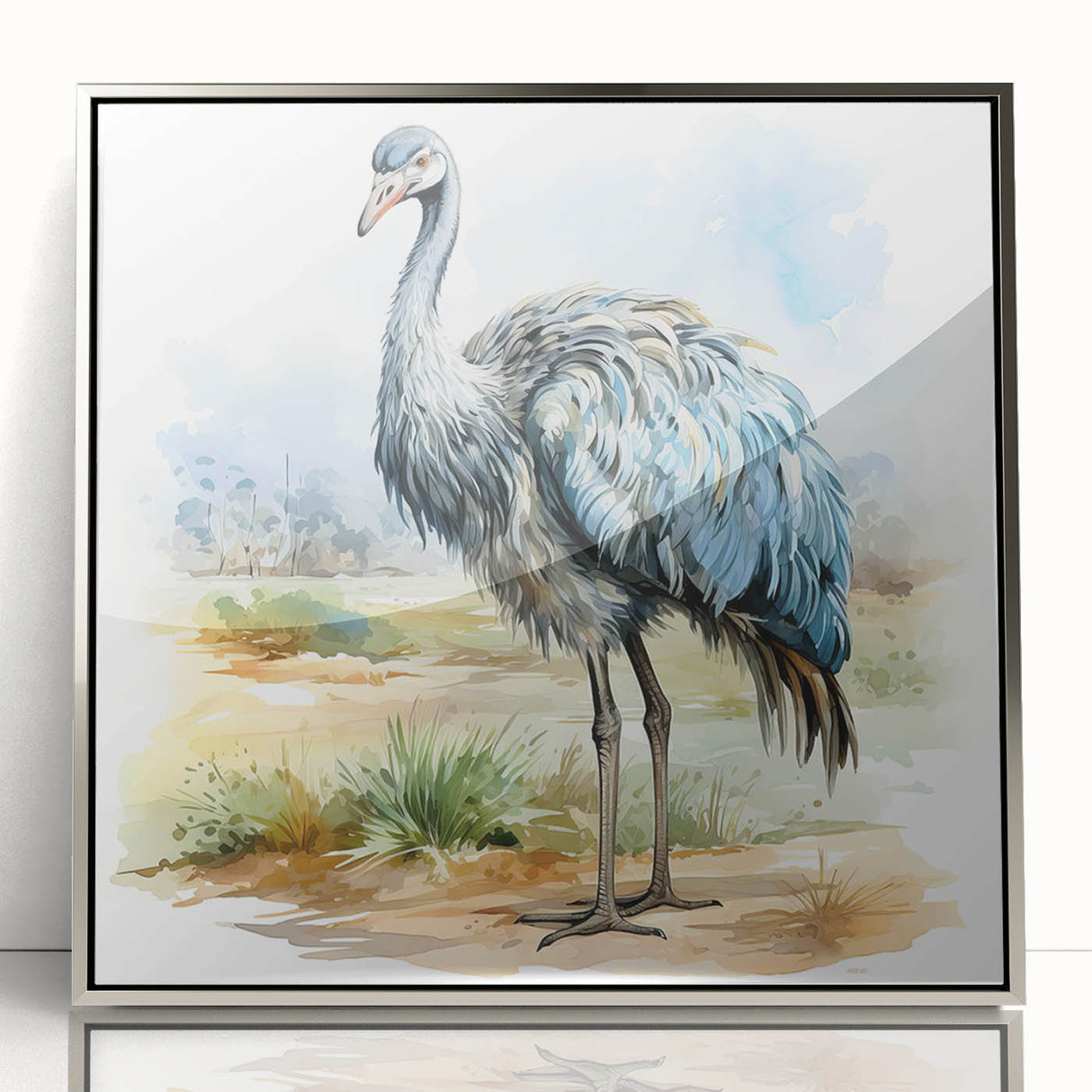 Framed acrylic wall art featuring an elegant ostrich design in silver, showcasing intricate details and a modern aesthetic, perfect for home decoration.