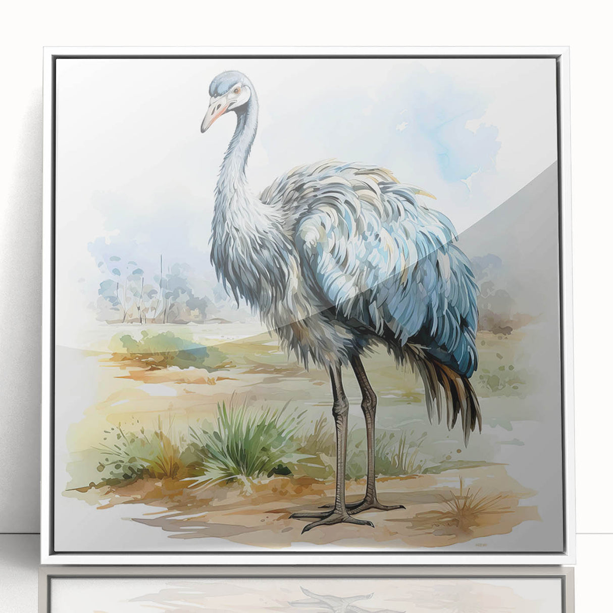 Framed acrylic wall art featuring a detailed ostrich design with vibrant colors against a white background, perfect for modern home decor or art collections.
