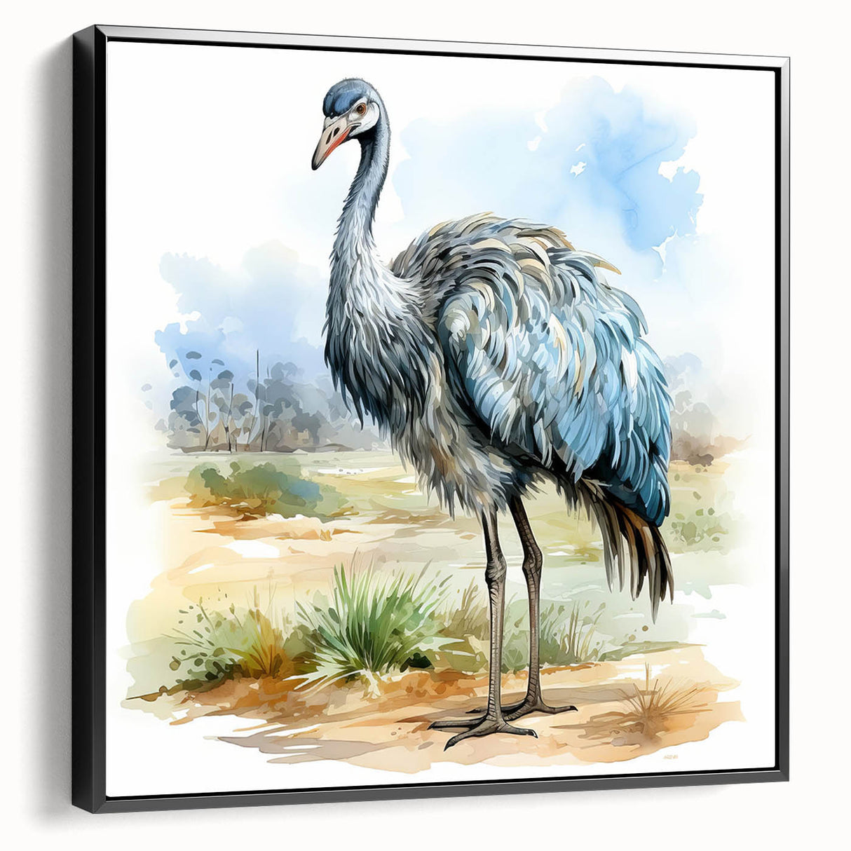 Framed canvas wall art showcasing a striking ostrich design with intricate detailing, featuring a sleek black frame that enhances its modern aesthetic. Ideal for adding a touch of elegance and personality to any room decor.