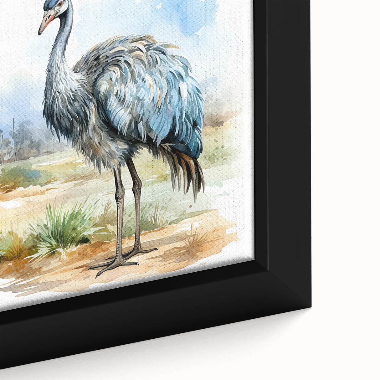 Close-up of a framed canvas print showcasing a vibrant ostrich design in an artistic style, featuring bold colors and intricate detailing, perfect for home decor.