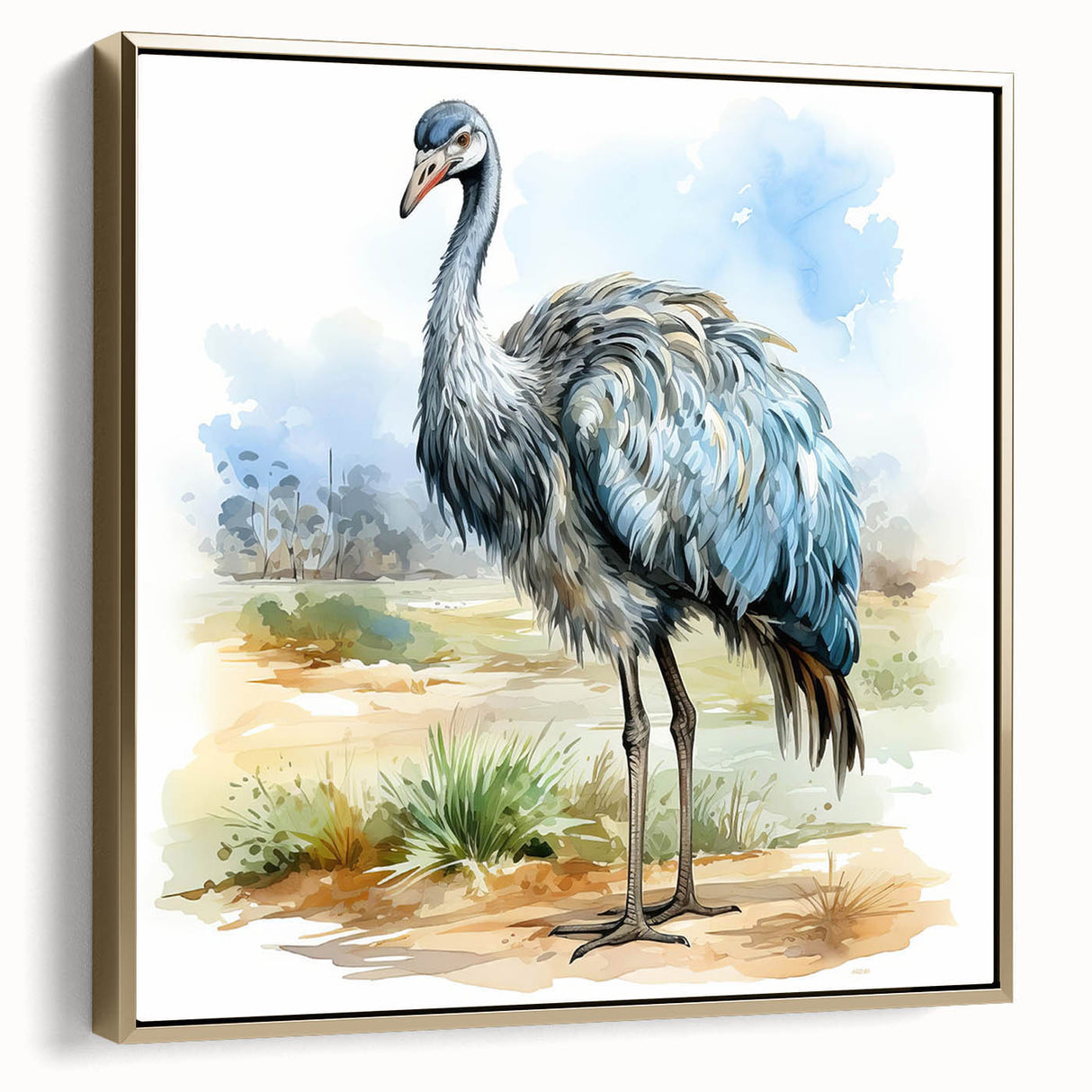 Framed wall art featuring a side view of an elegant ostrich design on a canvas, accented with gold tones, perfect for adding a touch of sophistication to home decor.