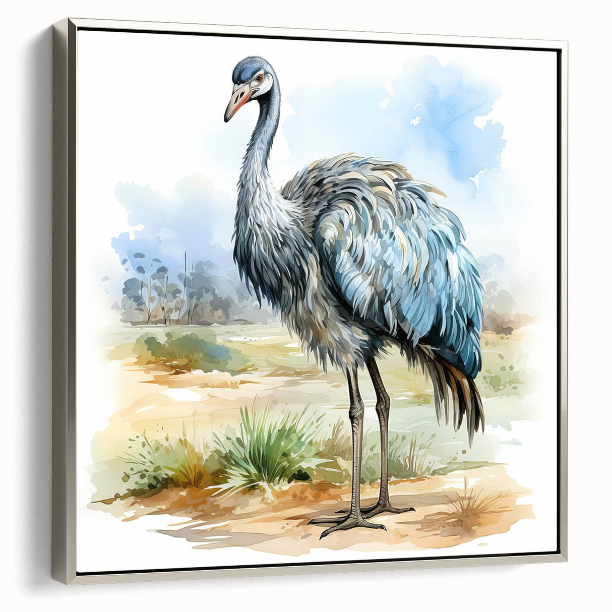 Framed wall art featuring a side view of an elegant ostrich design, showcasing intricate details and a silver frame, perfect for modern home decor.