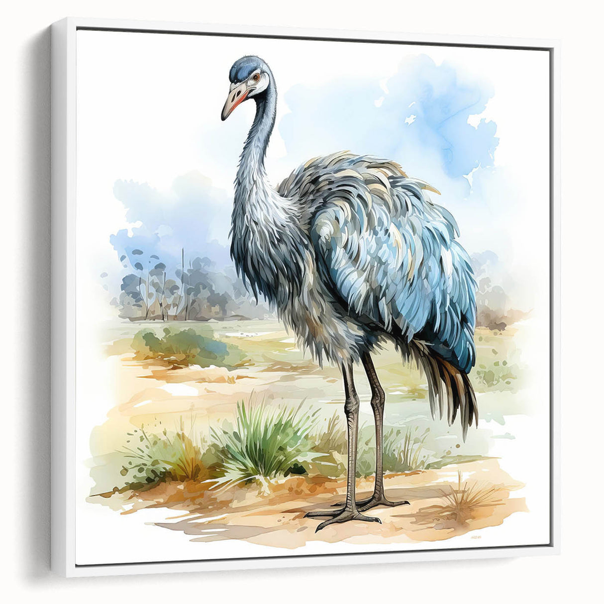 Framed canvas wall art showcasing a vibrant ostrich design in a white frame, perfect for adding a modern touch to any interior decor.