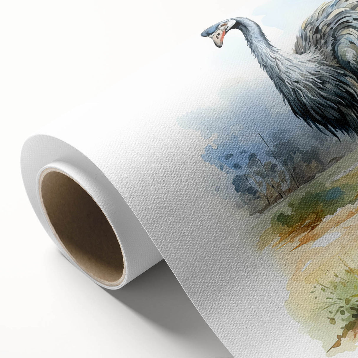 Ostrich-themed rolled canvas wall art showcasing vibrant colors and intricate details, perfect for enhancing home decor and celebrating wildlife aesthetics.