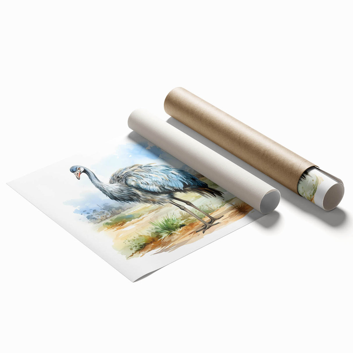 Ostrich-themed wall art print showcasing vibrant colors and intricate design elements, rolled and packaged securely in a cardboard tube for easy transport.