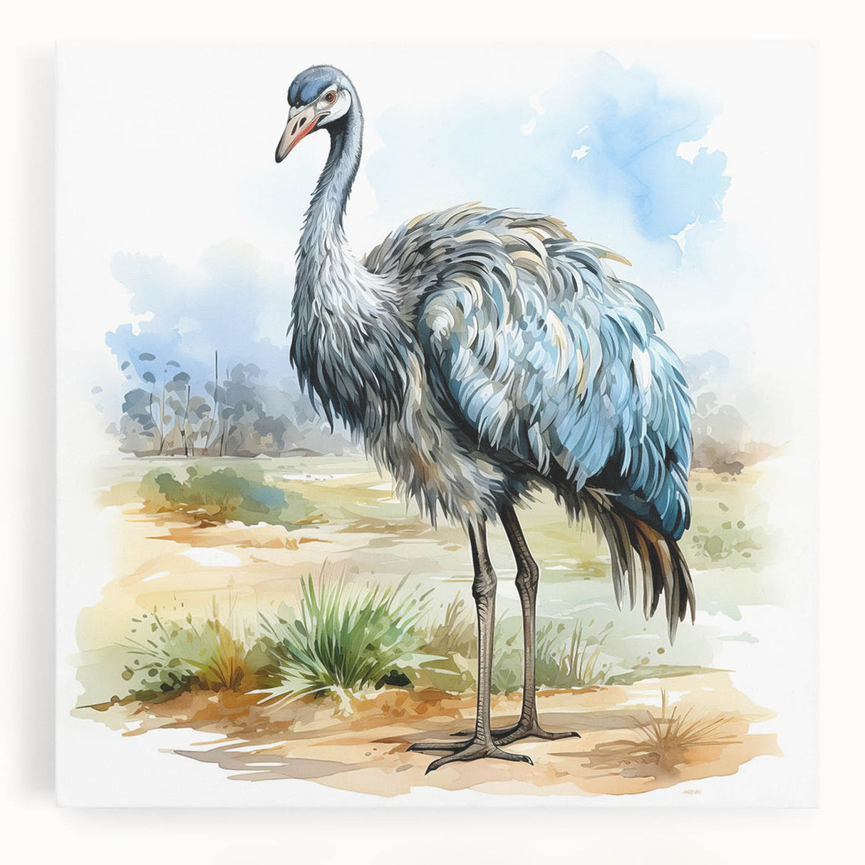 Stretched canvas art featuring a vibrant ostrich design, showcasing intricate colors and patterns, ideal for adding a touch of contemporary elegance to home decor.