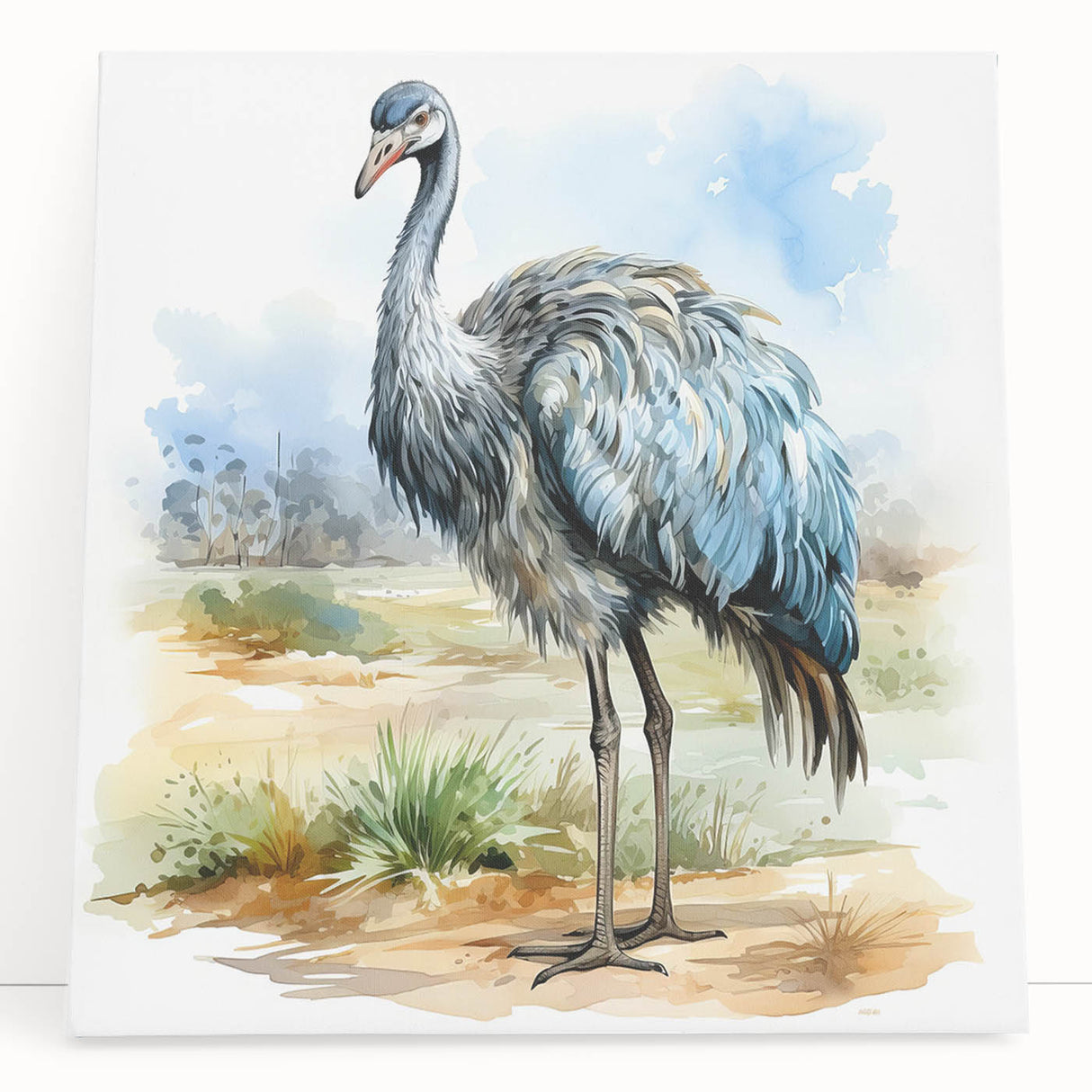 Vibrant stretched canvas featuring a stylized ostrich design, showcasing intricate patterns in earthy tones, perfect for enhancing modern or bohemian decor.