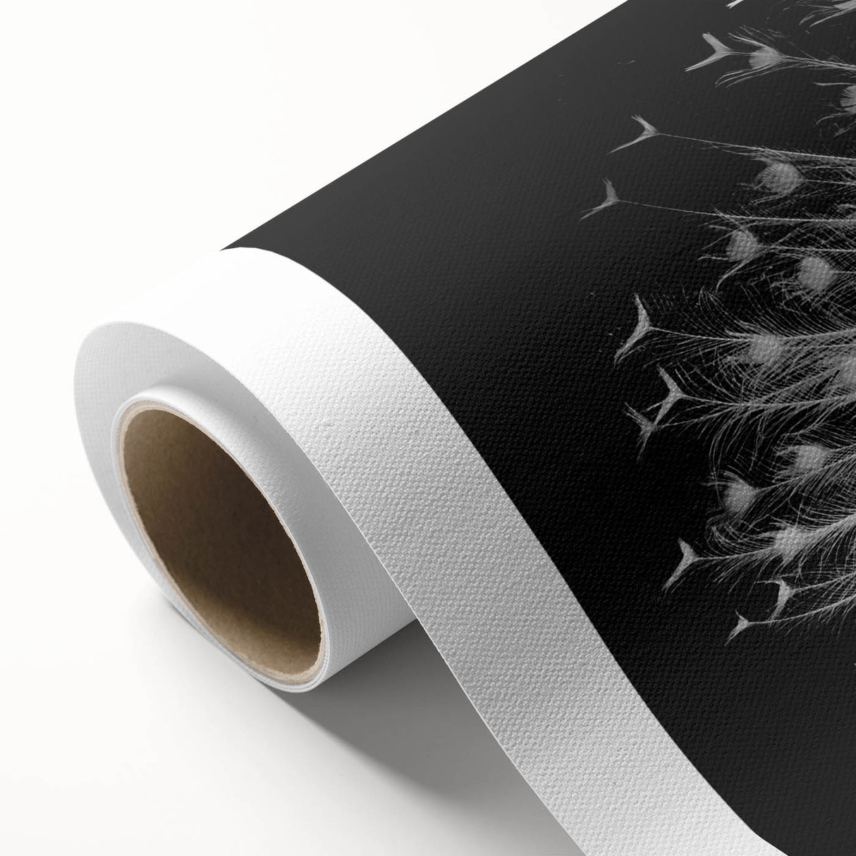 Vibrant rolled canvas wall art showcasing an intricate peacock design, featuring rich blue and green hues, elegantly packaged in a protective cardboard tube.