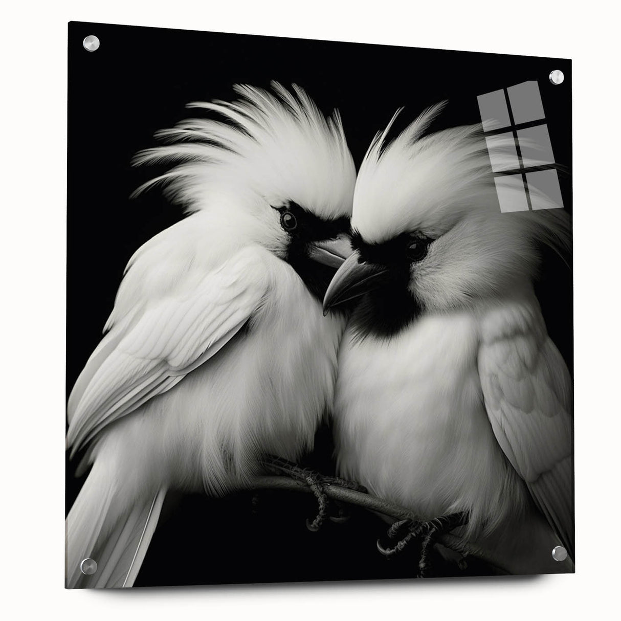 Tropical birds wall art collection displayed in a side view, featuring vibrant colors and intricate designs, mounted with pins on a sleek acrylic glass frame. Perfect for enhancing interior decor.