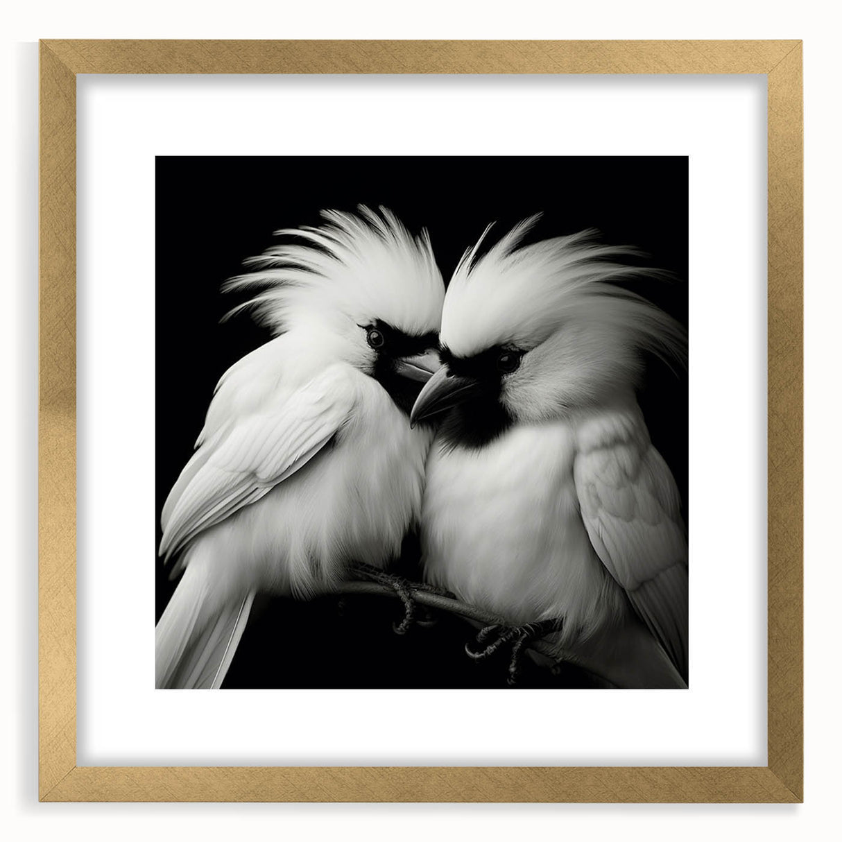 Tropical birds wall art collection featuring vibrant colors and intricate designs, elegantly framed with a gold mat, perfect for enhancing any living space decor.