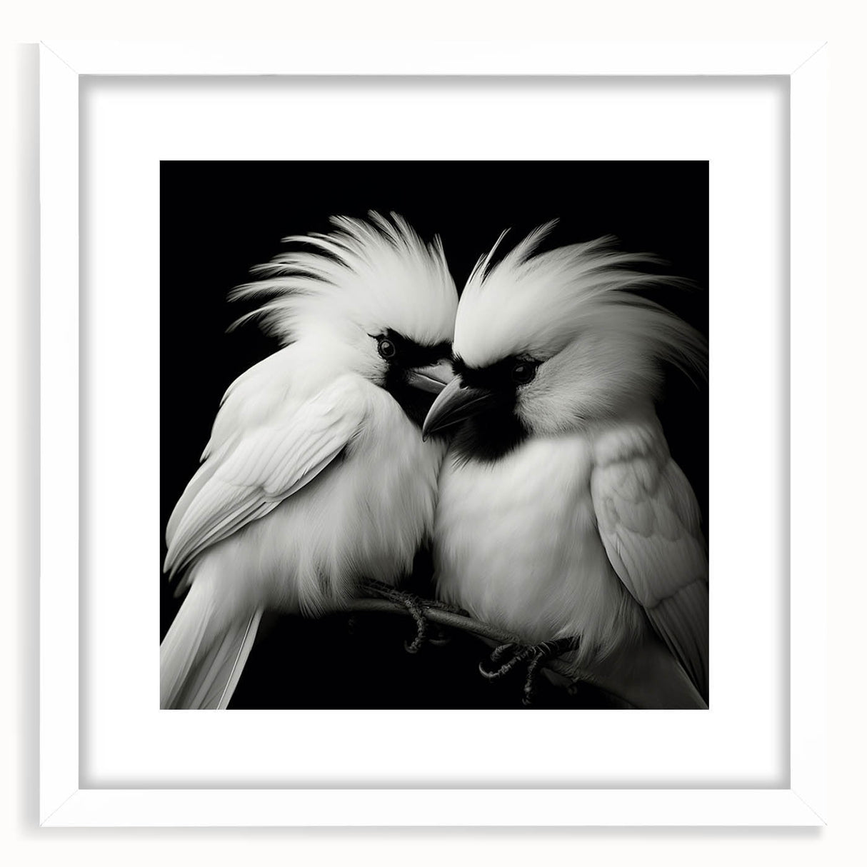 Tropical birds wall art collection featuring vibrant colors and intricate designs, framed in white with a mat for an elegant display, perfect for home decor.