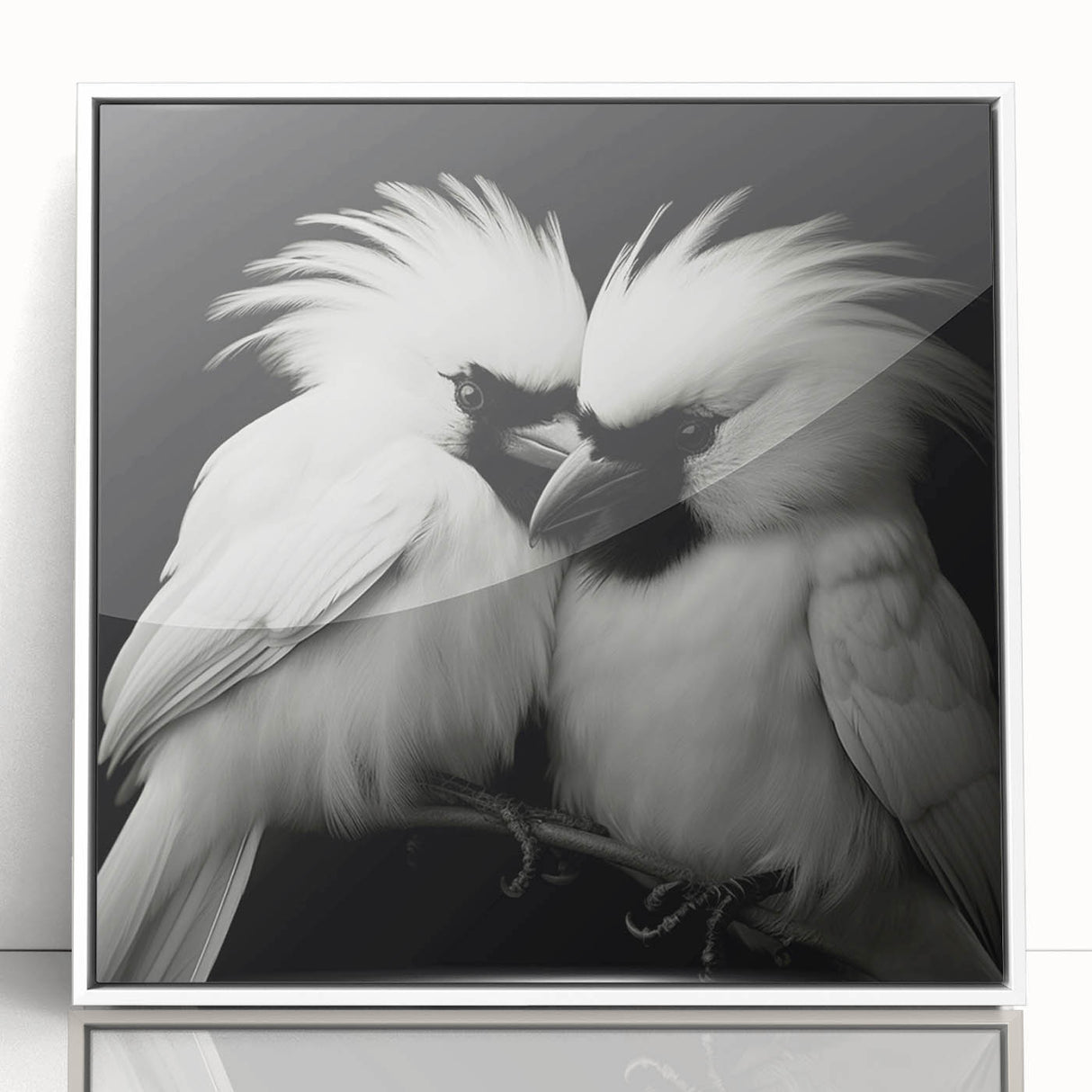 Framed wall art featuring an intricate tropical birds design, showcasing vibrant colors and detailed illustrations, elegantly displayed in a white frame with acrylic front.