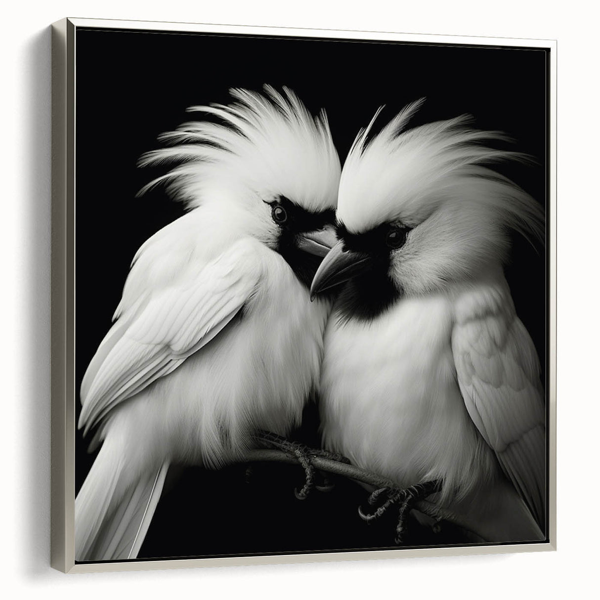 Framed tropical birds wall art featuring vibrant colors and intricate designs, showcased from a side view with a sleek silver frame, ideal for home decor.