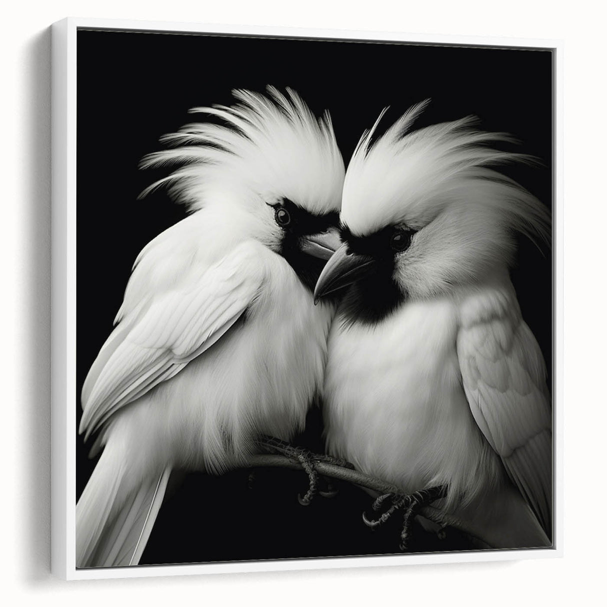 Framed canvas wall art showcasing a vibrant tropical birds design, featuring lush green foliage and colorful plumage, displayed against a white backdrop for a modern look.