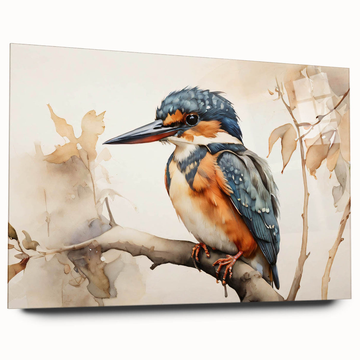 Vibrant tropical bird wall art design displayed in an acrylic frame, showcasing colorful parakeets and floral elements, perfect for brightening any space.