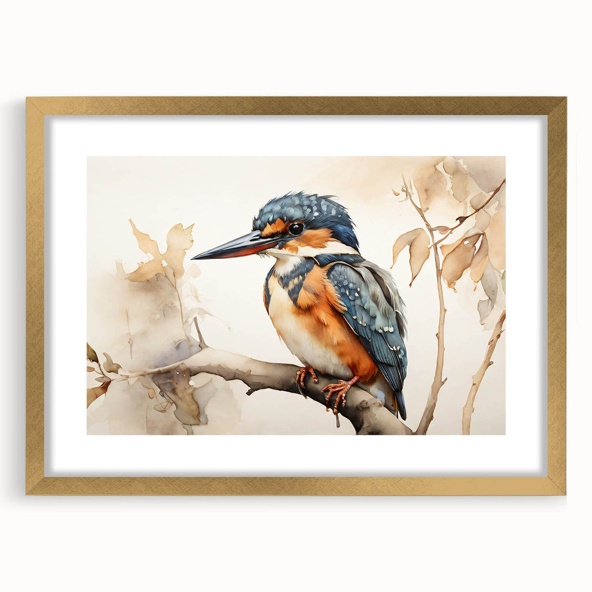 Framed wall art showcasing a vibrant tropical bird design with golden accents, featuring a mat for an elegant presentation, ideal for home decor.