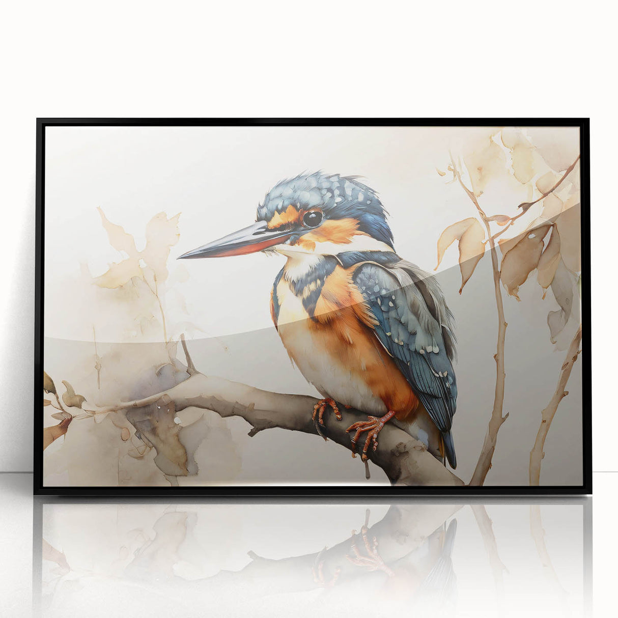 Framed acrylic wall art featuring a vibrant tropical bird design, showcasing a variety of colors on a black background, perfect for enhancing indoor decor.