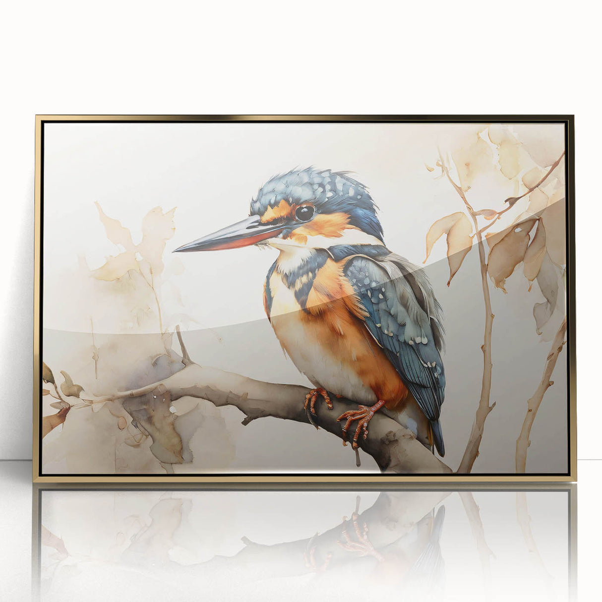 Framed wall art showcasing a vibrant tropical bird design with gold accents, perfect for adding a touch of nature-inspired elegance to home decor.
