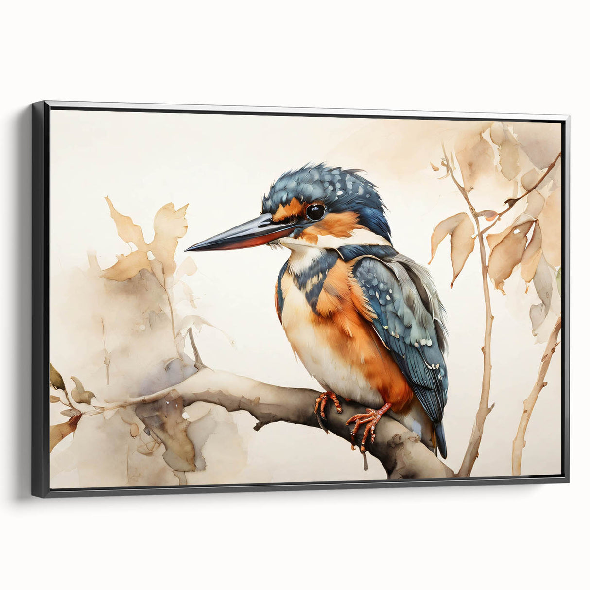 Tropical birds wall art collection featuring vibrant colors and intricate designs, displayed in a black-framed canvas with a side view, perfect for home decor.