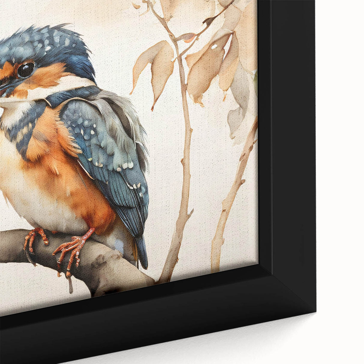Close-up of a vibrant tropical bird wall art design featuring lush greens and colorful feathers, framed in a modern black frame, perfect for home decor.