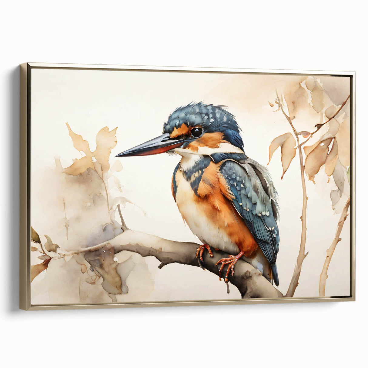 Framed canvas wall art showcasing vibrant tropical birds in a gold frame, perfect for adding a touch of nature-inspired elegance to home decor.