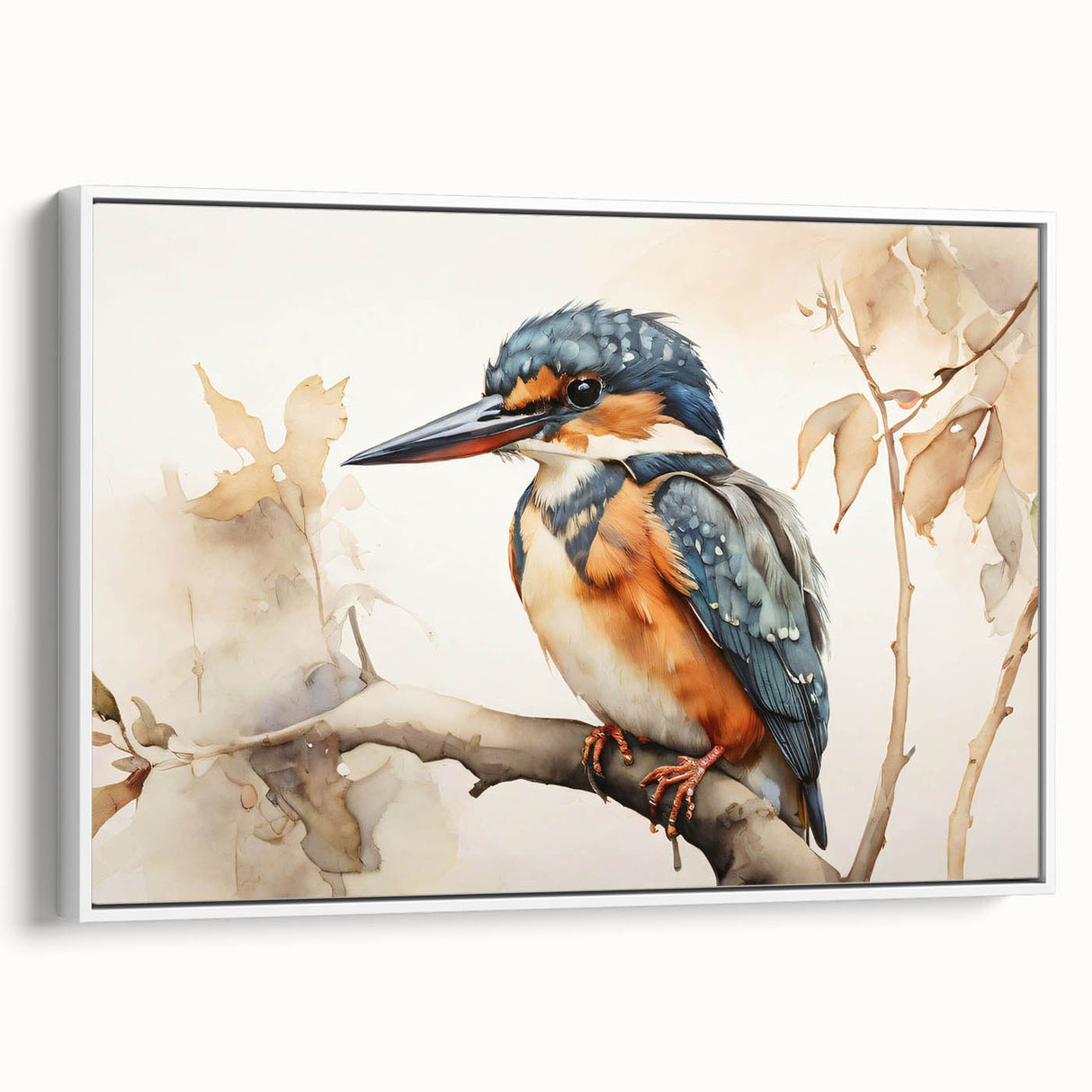Framed canvas wall art featuring a vibrant tropical birds design, showcasing a colorful array of exotic birds against a white background, perfect for home decor.