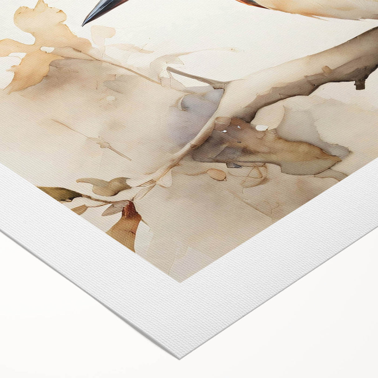 Vibrant tropical bird design on rolled canvas wall art, showcasing colorful feathers and lush foliage, perfect for brightening home decor.