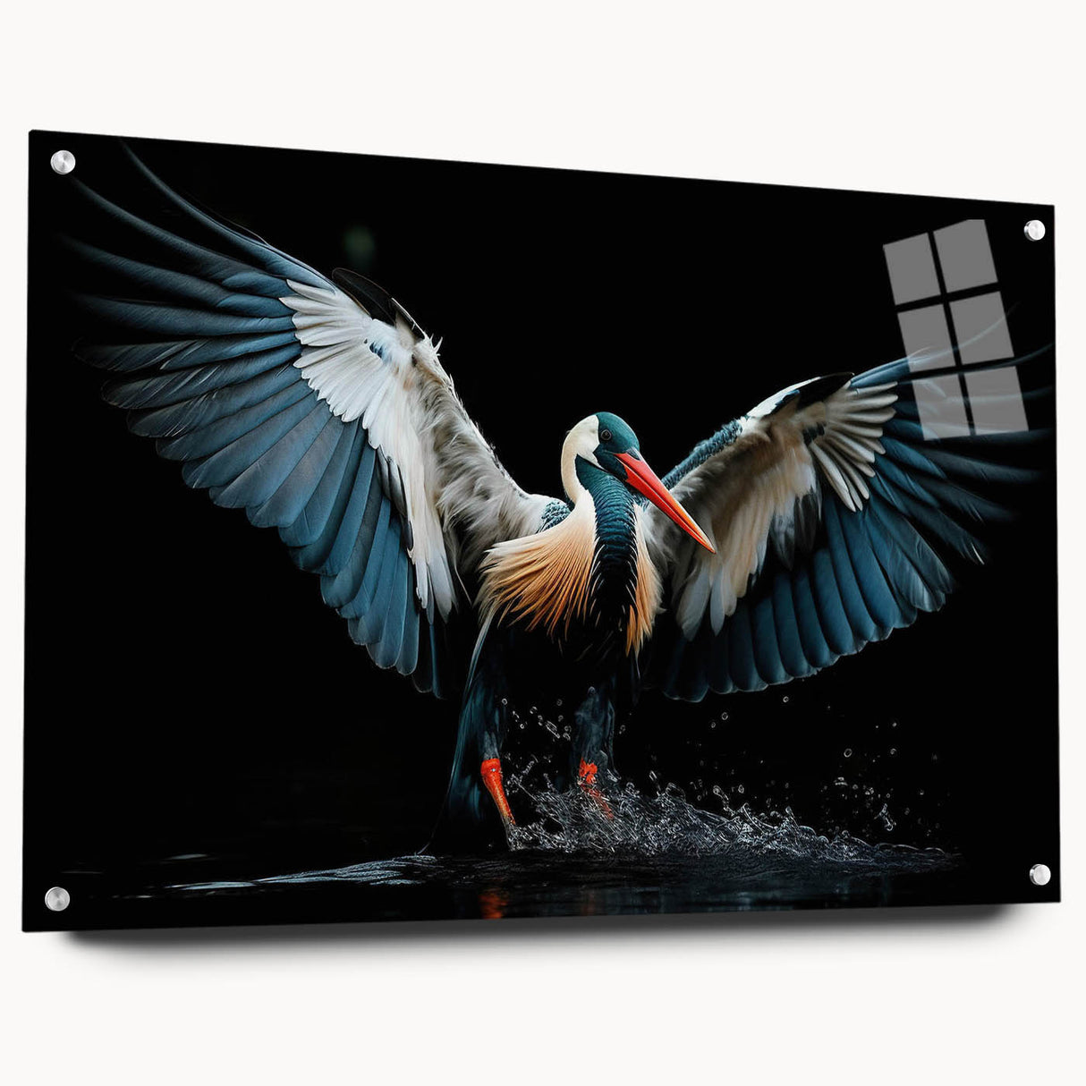 Acrylic glass wall art featuring vibrant tropical birds design, showcased in a side view with decorative pins, ideal for enhancing modern home decor.