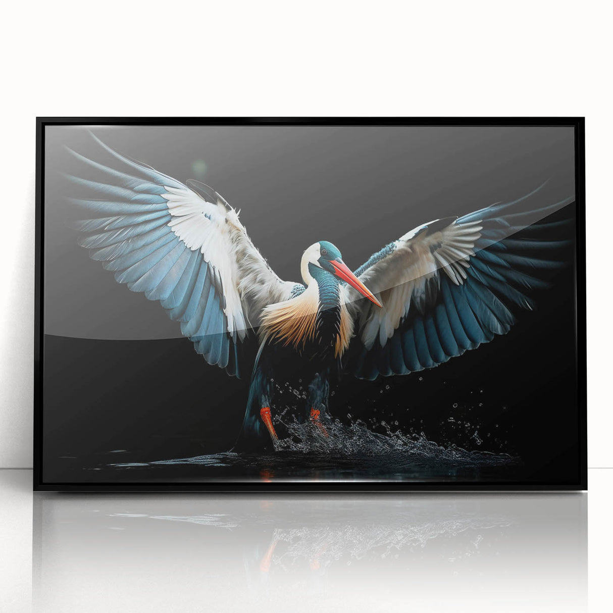 Framed wall art displaying a vibrant tropical bird design in black acrylic frame, perfect for adding a touch of nature-inspired decor to any room.