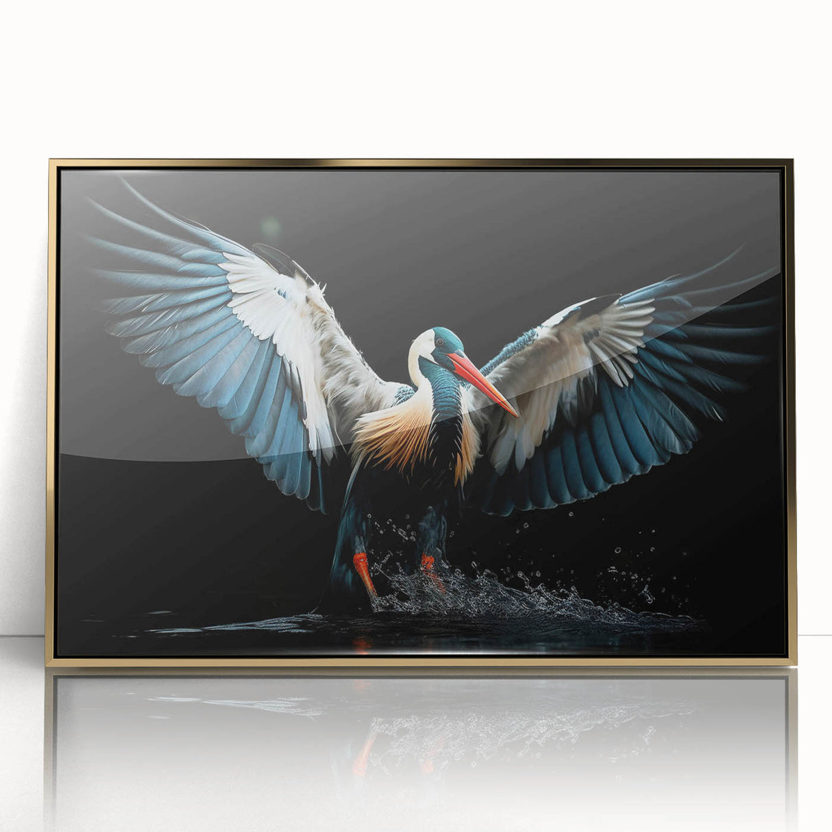 Framed wall art featuring a vibrant tropical bird design with gold accents, displayed in an elegant acrylic frame, perfect for enhancing home decor with a touch of nature. Ideal for bird lovers and tropical-themed interiors.