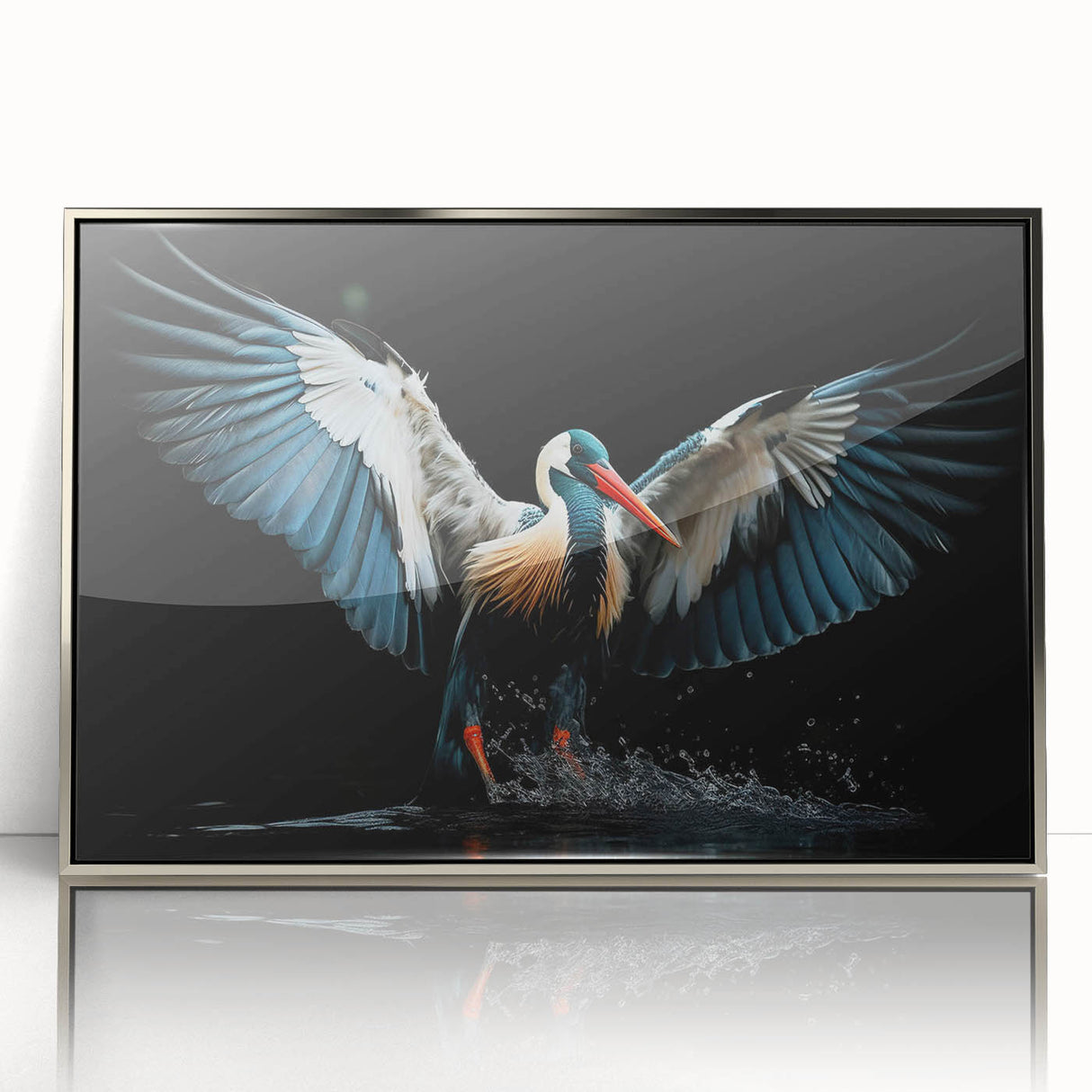 Framed tropical bird wall art design featuring vibrant colors and intricate details, set in a sleek silver frame, ideal for enhancing modern home decor.