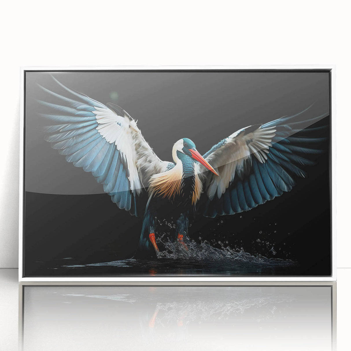 Framed acrylic wall art featuring a vibrant tropical bird design with a white frame, ideal for brightening modern home decor. Perfect for bird lovers and nature enthusiasts.