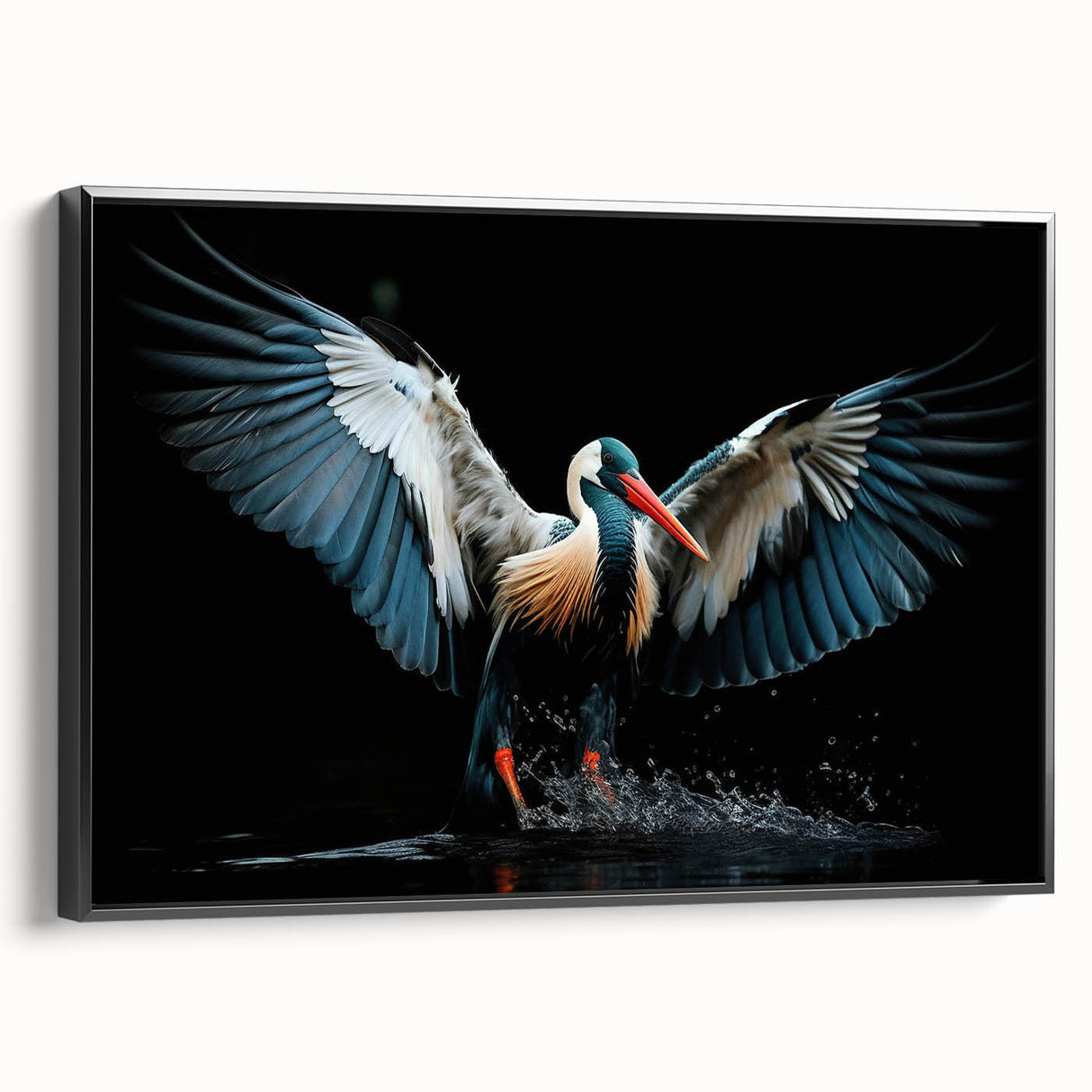 Framed canvas wall art featuring a vibrant tropical bird design, showcasing rich colors and intricate details, with a sleek black frame enhancing its modern aesthetic.