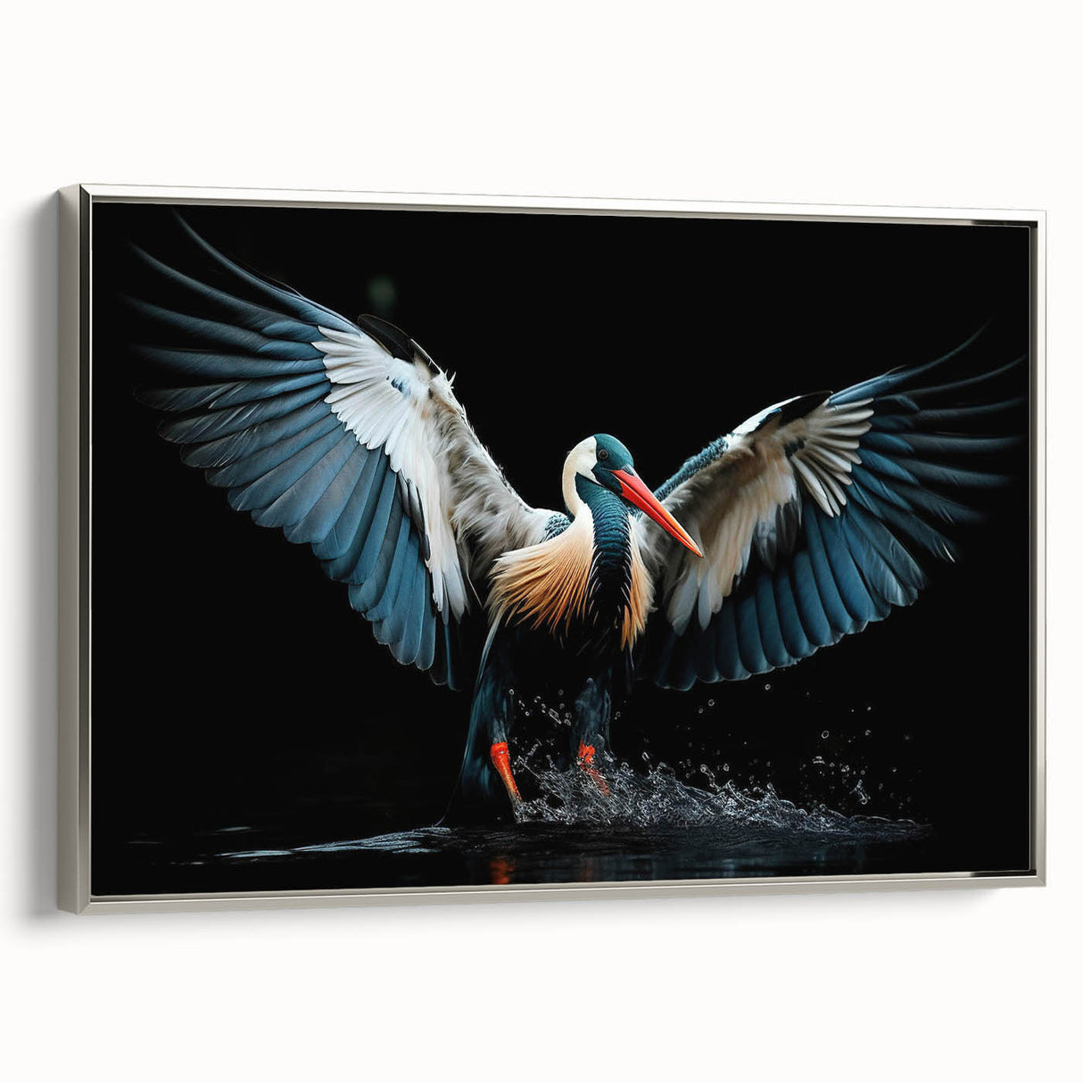 Framed wall art showcasing a vibrant tropical bird design on canvas, featuring a silver frame that enhances its colorful aesthetic, ideal for home decor.