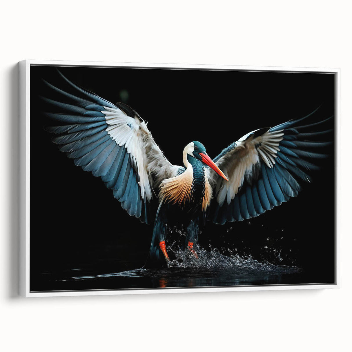 Framed canvas wall art featuring vibrant tropical bird designs in a white frame, showcasing a side view of colorful avian illustrations ideal for home decor.