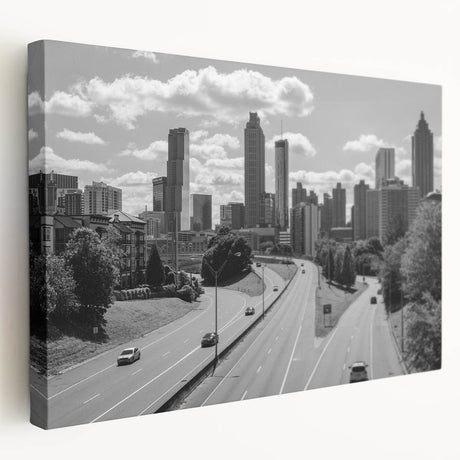 Atlanta skyline depicted on large stretched canvas with muted gray hues, suitable for kitchen wall art.