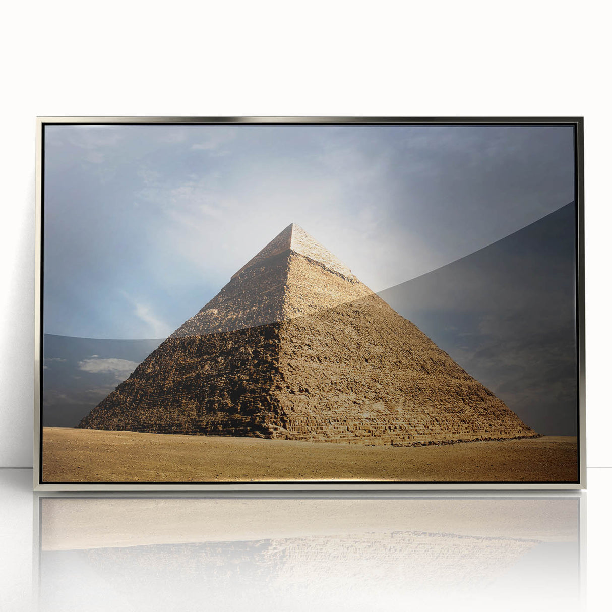 Art Deco poster of Egyptian scenery in silver-framed acrylic, featuring muted desert tones, ideal for modern art wall decor.