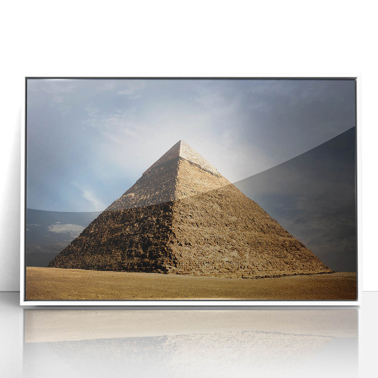Large acrylic print of an Egyptian landscape in muted earth tones, framed in white, suitable for modern art wall decor.