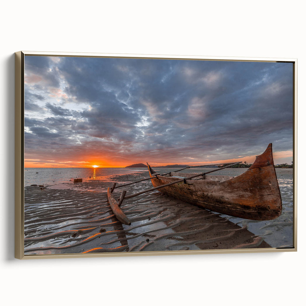 Framed canvas depicting a vibrant Madagascar landscape with colorful art in a vintage poster style.