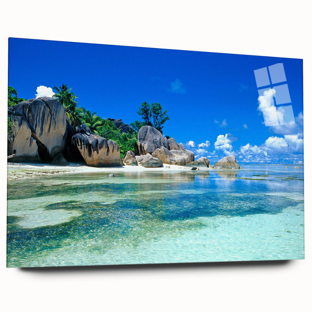 Acrylic glass print of a serene Seychelles landscape in soft blue and green tones, suitable for bedroom or dining room decor.