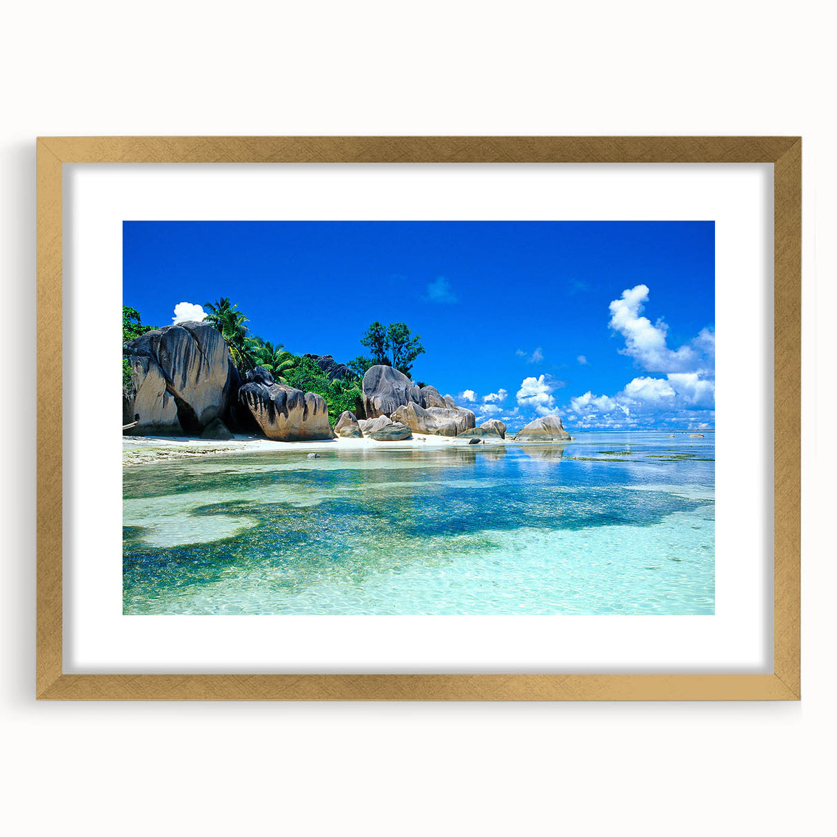 Abstract art print of Seychelles scenery in muted blue and green tones on a framed canvas, suitable for dining room decor.