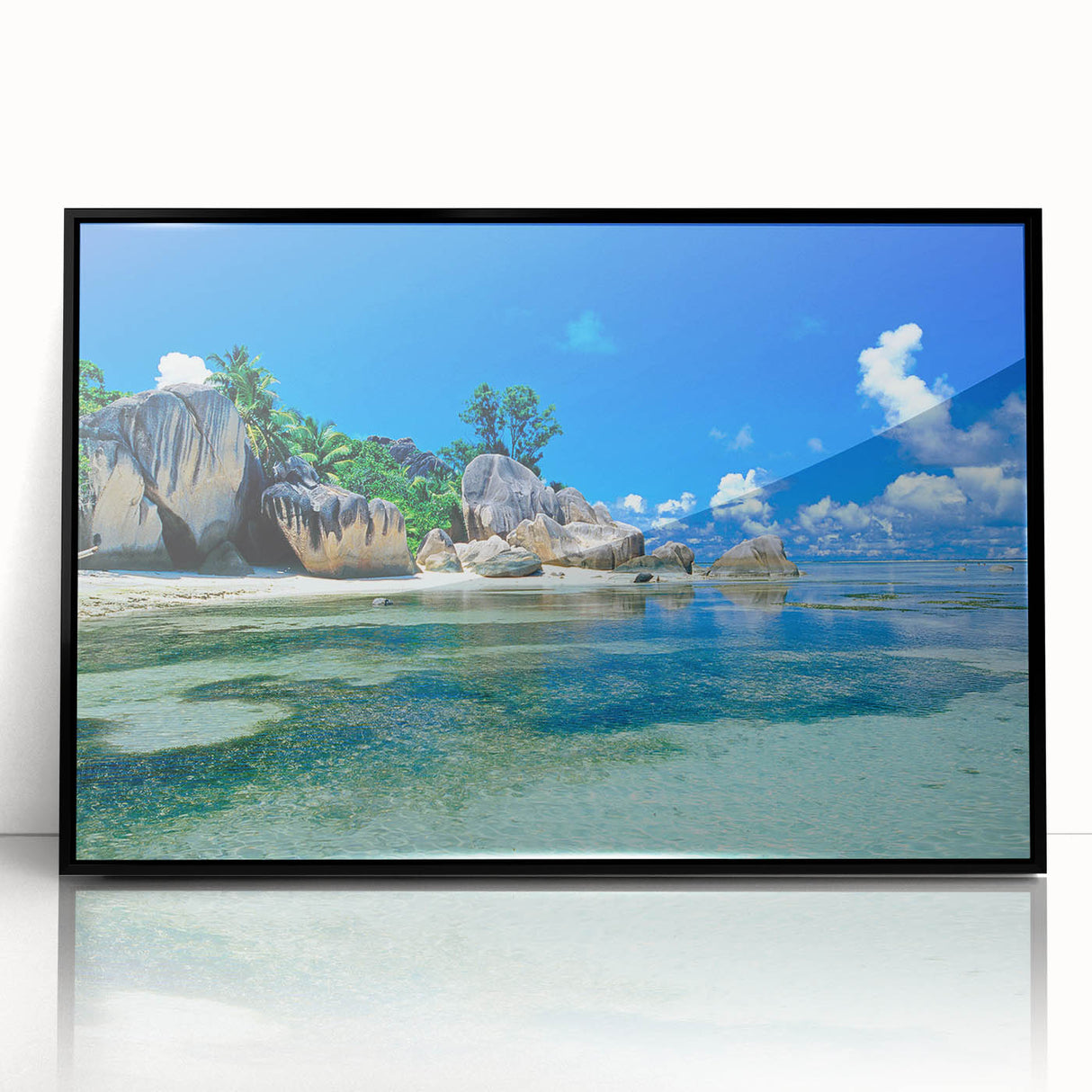 Large abstract wall art depicting a serene Seychelles landscape in muted blues and greens on a framed acrylic.