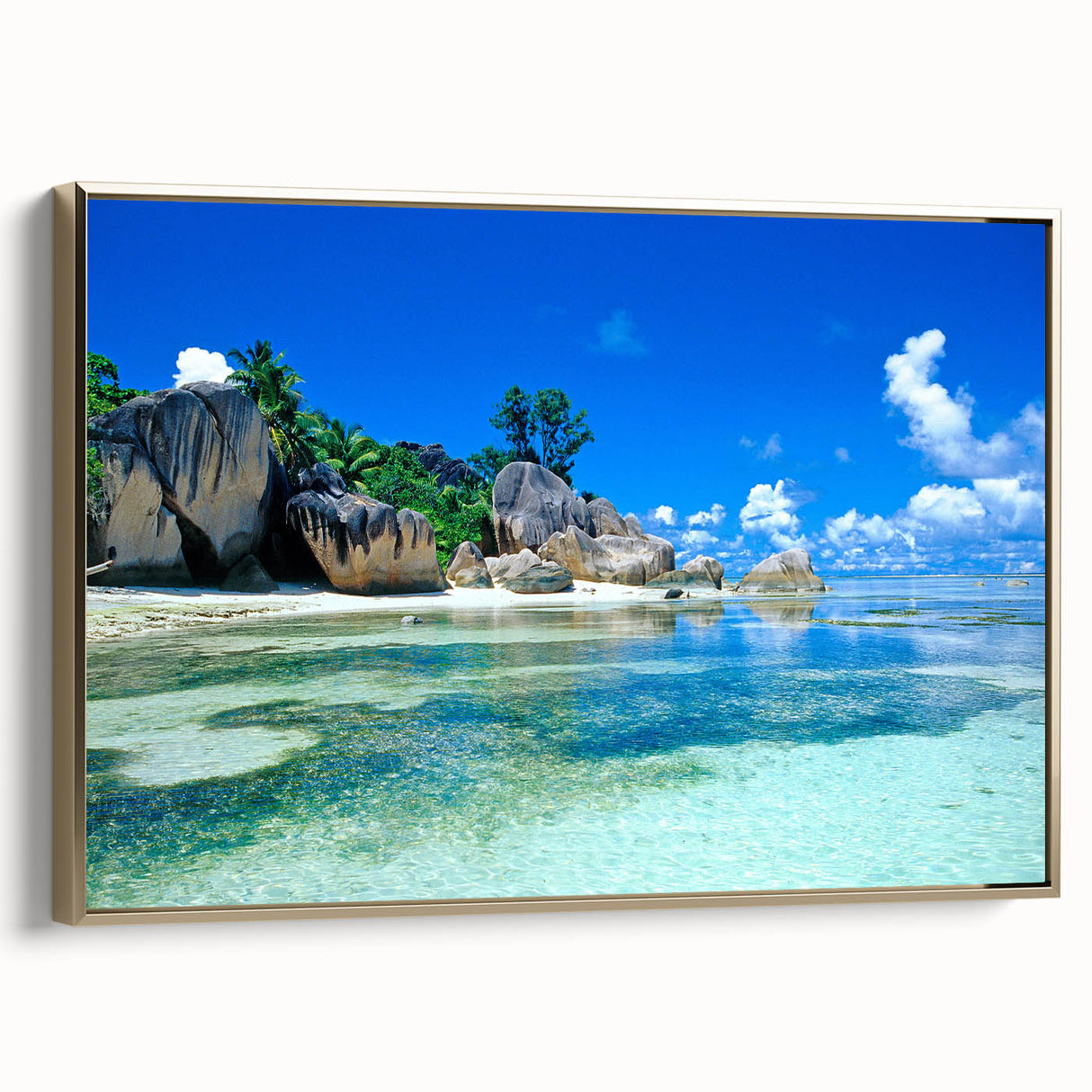Framed canvas featuring a serene Seychelles landscape with lush greenery and calm blue waters, ideal for bedroom wall art.
