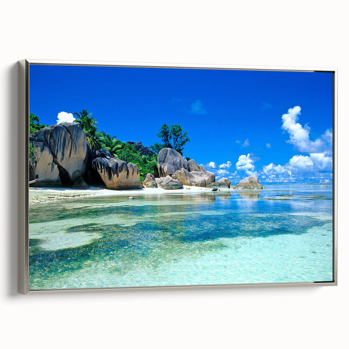 Framed canvas depicting a vintage-style Seychelles landscape with vibrant tropical colors.