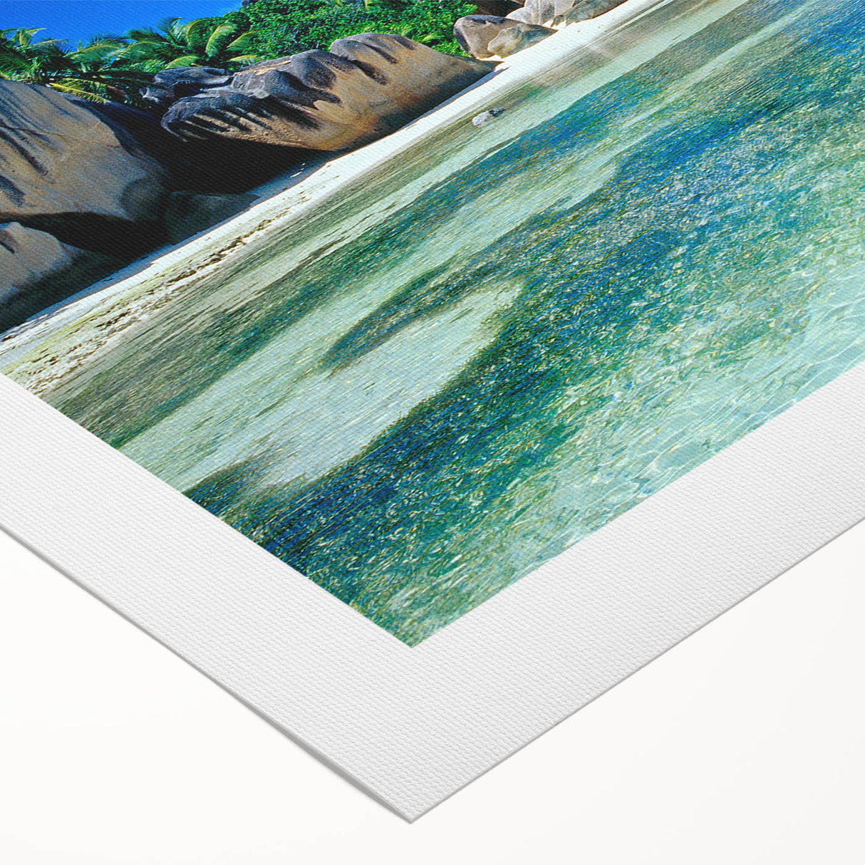 Art deco poster of Seychelles scenery on rolled canvas, featuring vivid ocean blues and greens.