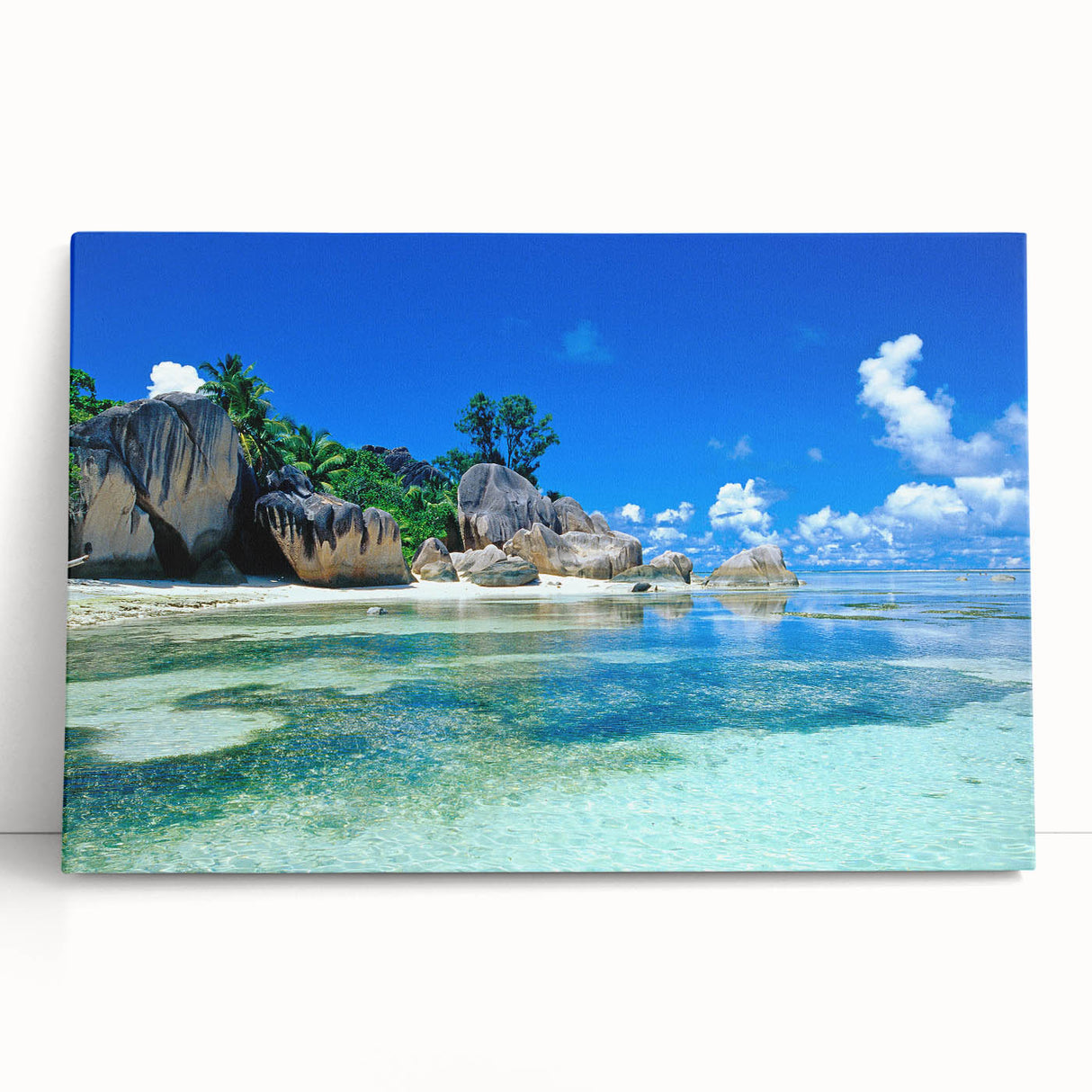 Monochrome Seychelles landscape on large stretched canvas, ideal for kitchen wall art.