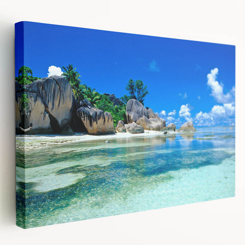 Large stretched canvas featuring a serene Seychelles scenery in muted blue and green tones, ideal for kitchen wall art.